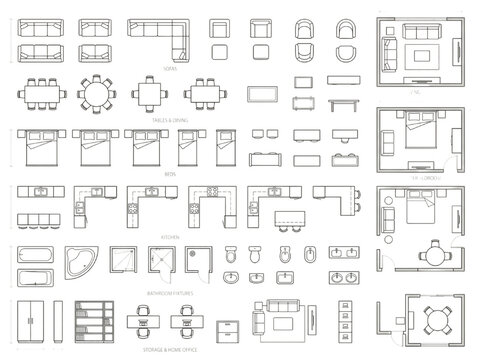 Comprehensive collection of architectural floor plan symbols for furniture and interior design layouts, illustrating various room arrangement concepts for modern living spaces