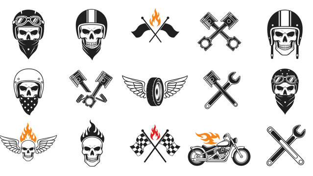 Vintage biker and motorcycle culture graphics featuring skulls with helmets crossed pistons wrenches and classic racing flags for t-shirt design.