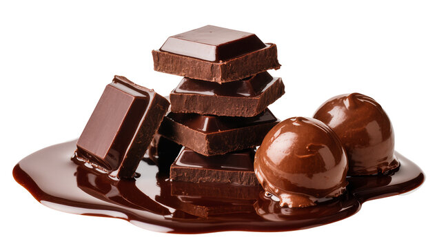 Dark chocolate squares, and a glossy chocolate ball resting in melted chocolate pool