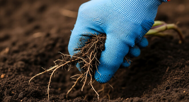 Gardening Gloves Holding a Plant with Roots Exposed in Rich Soil Close Up