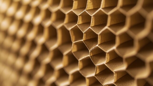 Closeup honeycomb cardboard structure showcasing warm hexagonal cells, tactile packaging surface for protective cushioning and material study by packaging engineer, high contrast macro detail