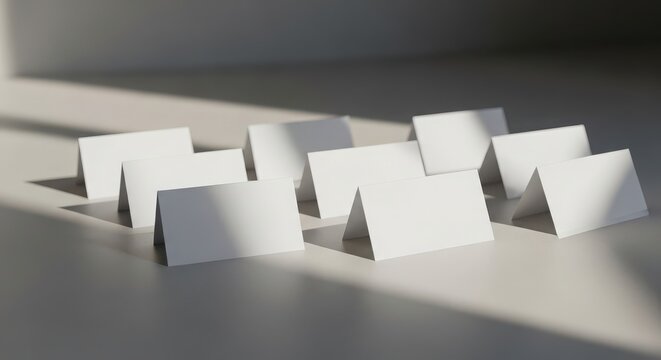 Set of blank white folded paper place cards on a table with soft natural lighting and shadows