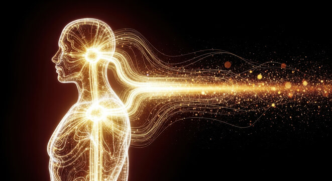 Illuminate the future: artificial intelligence meets human form. Social connections. Subtle blue glow of ai-infused human form in a dark setting. Signal beams. Online networking.
