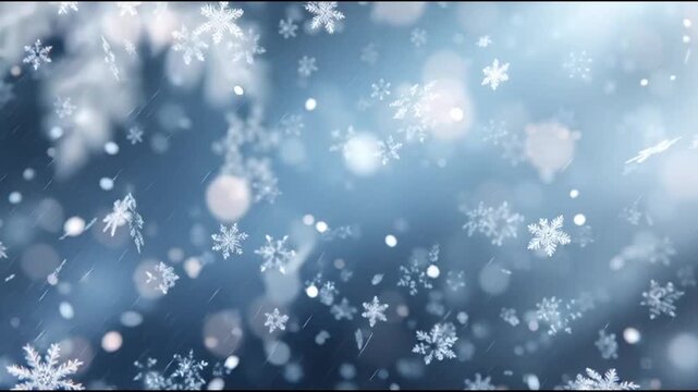 Abstract winter background with falling snowflakes and bokeh lights, perfect for holiday and seasonal themes