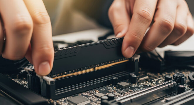 Technician installing high-speed DDR5 RAM into a computer motherboard
