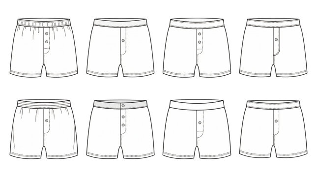 Collection of simple line art illustrations of men's boxer shorts showcasing various designs and styles