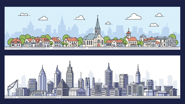 Two long horizontal banners showing a detailed small town skyline with a church and a modern city skyline with tall skyscrapers and docks.