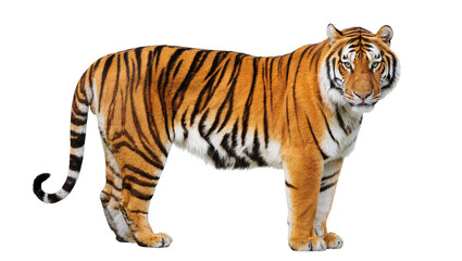 Obraz premium Orange striped tiger standing, displaying powerful muscles and a curled tail
