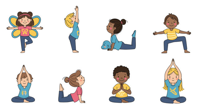 Set of happy children performing different yoga poses and stretching exercises to promote physical health and flexibility in a playful way.