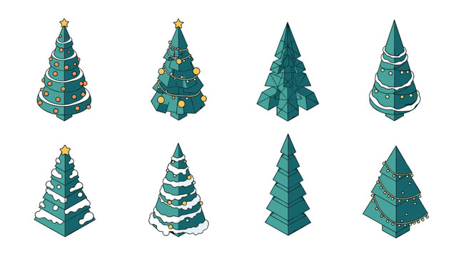 Set of isometric christmas trees decorated with lights, ornaments, and snow for winter holiday celebrations and greeting cards.