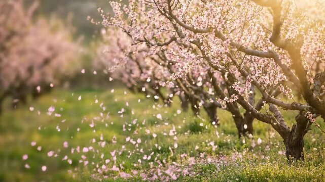 Pink almond tree blossom petals falling in a sunny orchard. Flowering fruit trees in spring season with soft sunlight beams. Nature garden landscape scene with light windy breeze during warm daylight