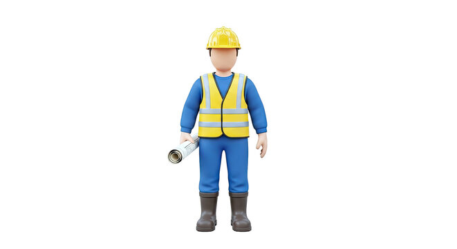 3D Cartoon Construction Worker Holding Blueprints