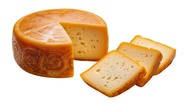 Round aged cheddar cheese wheel, displaying cut slices with scattered holes