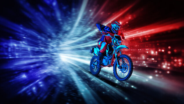Motocross rider flying through abstract light tunnel with speed effect. Concept of extreme acceleration, futuristic motion, high energy sport, adrenaline action, fast performance visual.
