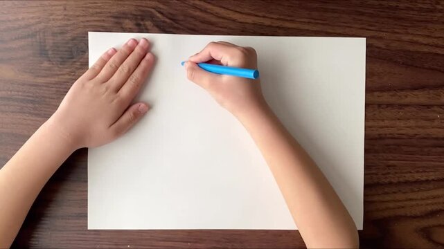 Child drawing a square shape with light blue pen slow motion