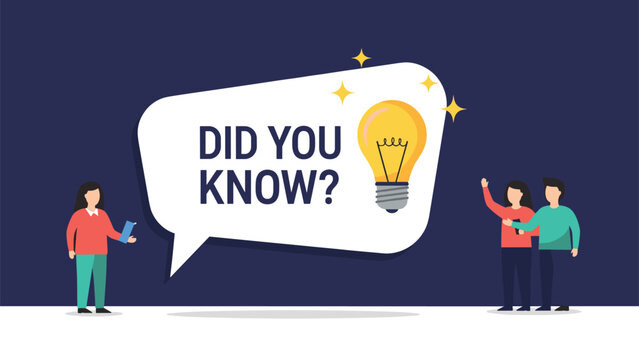 Large speech bubble with Did You Know text and glowing light bulb next to group of people for educational facts.