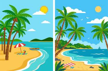 Obraz premium Tropical beach landscape with palm trees, ocean waves, umbrella, and summer vacation vector.