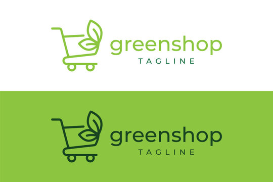 Green shop logo design featuring a leaf inside a shopping cart icon representing sustainable shopping and natural products