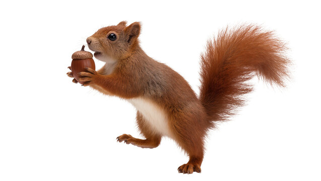 Red squirrel holding a brown acorn, poised mid-air with fluffy tail