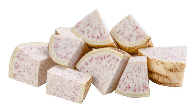 Sliced jicama root, displaying fibrous texture and pale pink veins