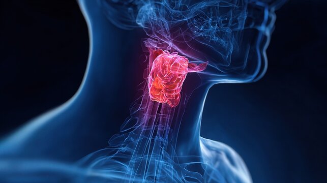 Professional medical illustration of Laryngeal cancer, focusing on throat oncology, vocal cord tumor diagnosis, pathological analysis and clinical treatment research.