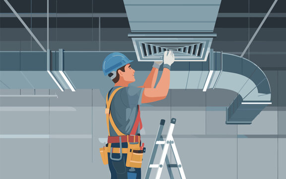 A worker in a hard hat repairs an air vent on a ceiling.