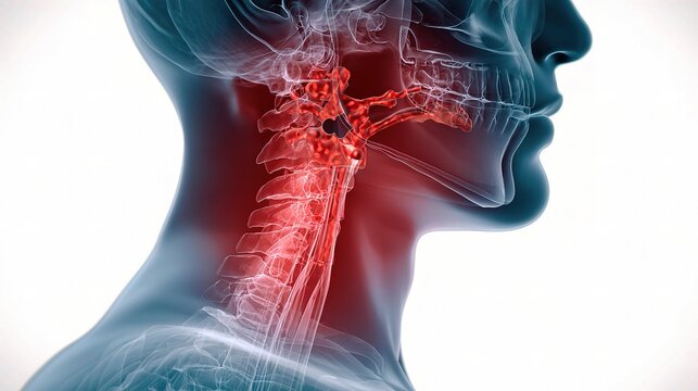 Professional medical illustration of Laryngeal cancer, focusing on throat oncology, vocal cord tumor diagnosis, pathological analysis and clinical treatment research.