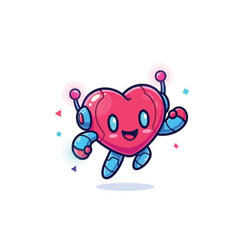 Happy Heart Robot Character Jumping with Arms Raised
