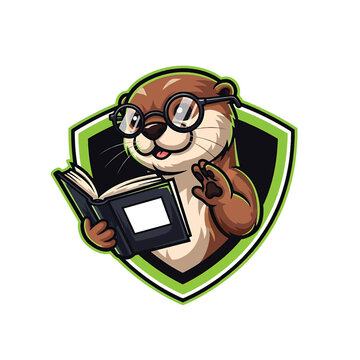 Otter Reading Book with Glasses Shield Emblem