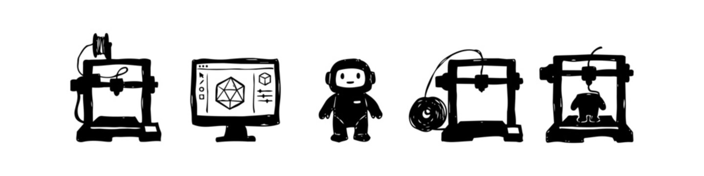 Hand-drawn doodle set illustrating the 3D printing process, including 3D printers, computer-aided design software, filament, and a finished robot character on a clean white background.