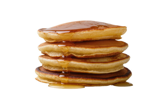 Stacked golden pancakes drizzled with amber syrup, creating a sweet breakfast treat