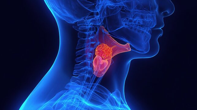 Professional medical illustration of Laryngeal cancer, focusing on throat oncology, vocal cord tumor diagnosis, pathological analysis and clinical treatment research.