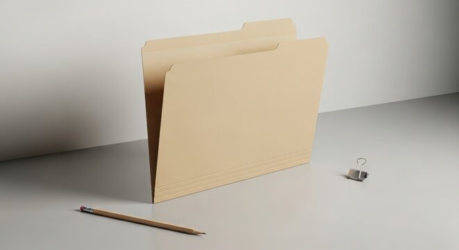 Blank manila file folder standing upright on a desk with a pencil and a silver binder clip nearby