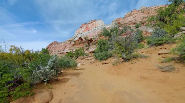 Footage capturing the scenic Canyon Overlook Trail in Zion National Park, Utah. The rocky path winds through stunning red rock formations and desert vegetation under a bright blue sky, leading to pano
