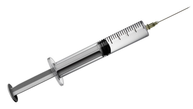 Silver medical syringe displaying volume markings, with a sharp needle