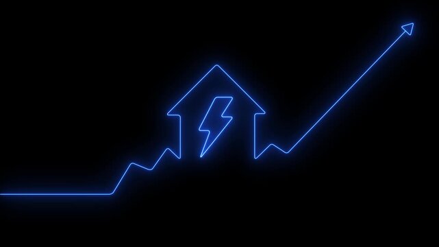 Home icon house sign neon lights animation with up arrow charging icon, neon house home building animation. neon home business graph icon animation. with 4k video animation.
