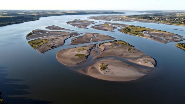 Aerial View of a Wide River with Numerous Sandbars and Green Islands