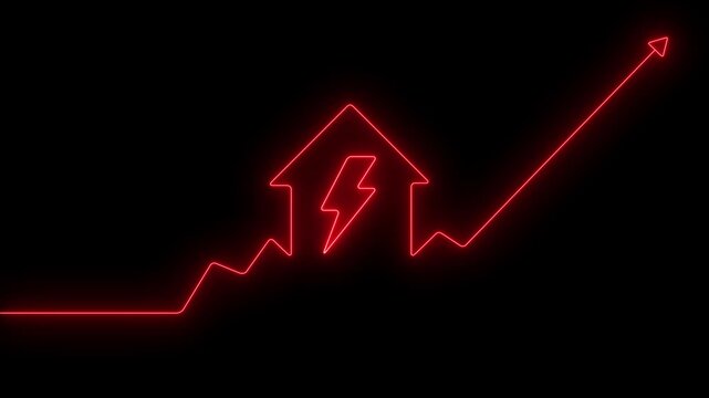 Home icon house sign neon lights animation with up arrow charging icon .neon house home building animation. on a black background, indicating a significant upward trend or growth in price or demand.