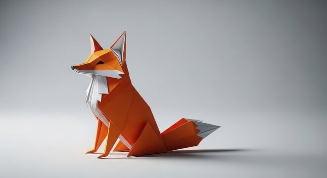 Low poly origami fox figurine made of paper isolated on white background
