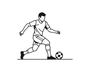 Obraz premium Soccer Player Dribbling Ball Line Art Illustration, Male Football Athlete Action Outline Vector Sketch 
