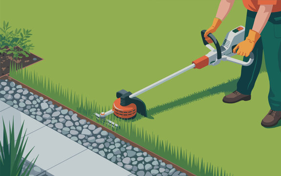Man using lawn edger on grassy yard with plants and sidewalk
