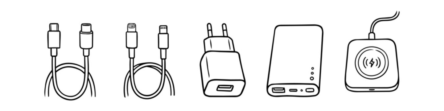 Hand-drawn doodle set of mobile charging accessories including USB-C and lightning cables, wall charger adapter, power bank, and wireless charging pad. Vector illustration isolated on white.