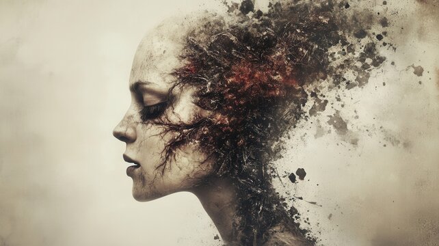 Woman's profile with closed eyes, head breaking apart into flying particles, symbolizing decline anxiety, or stress