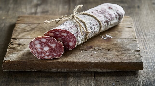 saucisson. Thick French saucisson on rustic board with white mold, tied with twine, artisanal feel. menu design, packaging mockups, designed for food delivery and cloud-kitchen brand materials.