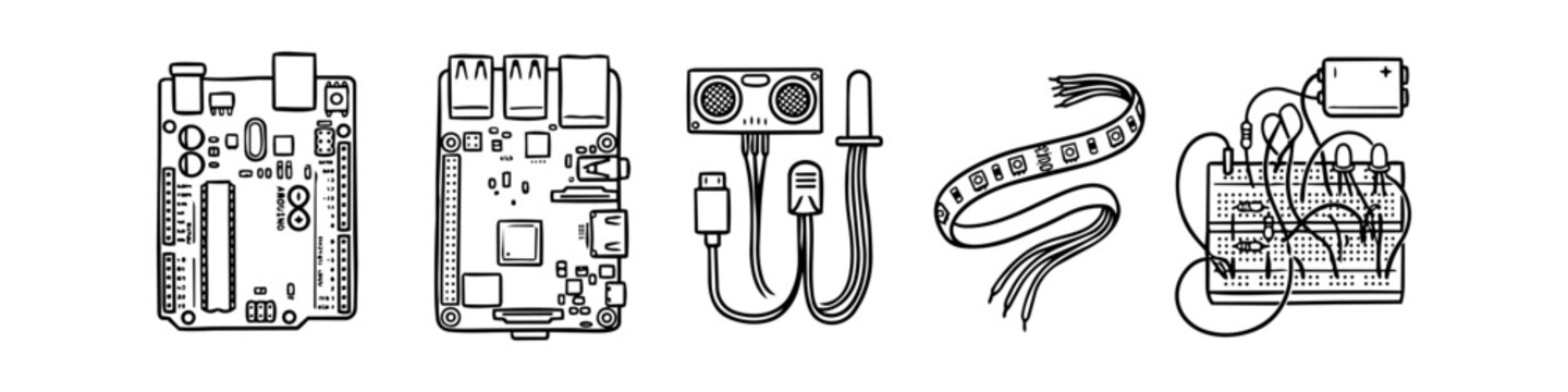 Hand-drawn line art illustrations of electronics components including Arduino, Raspberry Pi, ultrasonic sensor, LED strip, and breadboard circuit. Minimalist tech and DIY hobbyist concept.