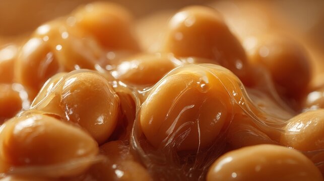 natto. Extreme close-up of fermented soybeans with glossy, stringy mucus coating. menu design, packaging mockups, designed for culinary blogs and recipe cards for restaurants.