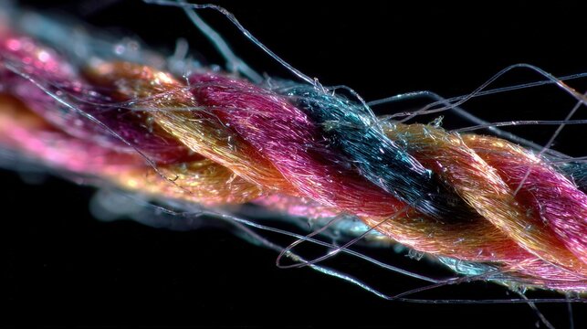 Colorful braided spider silk thread closeup displaying radiant hues, loose microfilaments, bright studio lighting, dynamic texture, sample for sustainable fashion prototype and material innovation