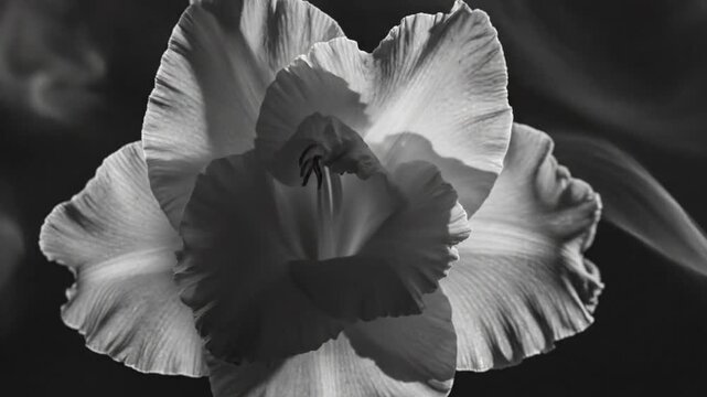 Black and white time lapse of a beautiful gladiolus flower blooming slowly with wispy smoke background
