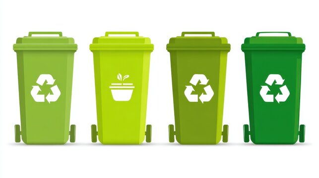 Four green recycling bins are arranged in a row against a white background.
