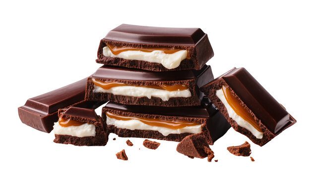Stacked dark chocolate bars, revealing creamy caramel filling and scattered chocolate pieces